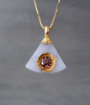 Pink Tourmaline in White Druze set with Pure Silver and 24k Gold